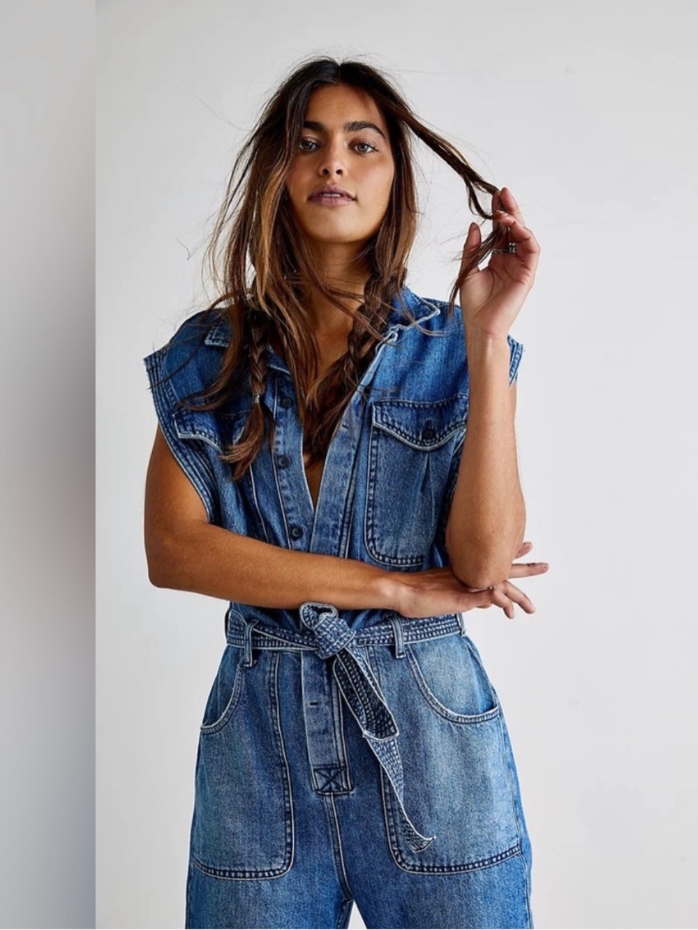 Free People Sydney Blue Denim Tie-Waist Coverall